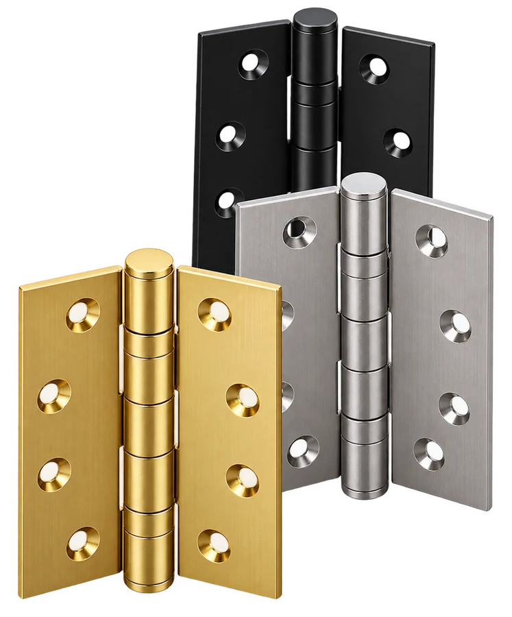 Brass, stainless steel and black butt hinges
